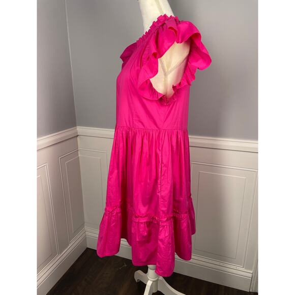 Caroline Costas, Size Medium, Bright Pink Cotton Ruffle Dress, Tiered, EUC - Picture 2 of 8